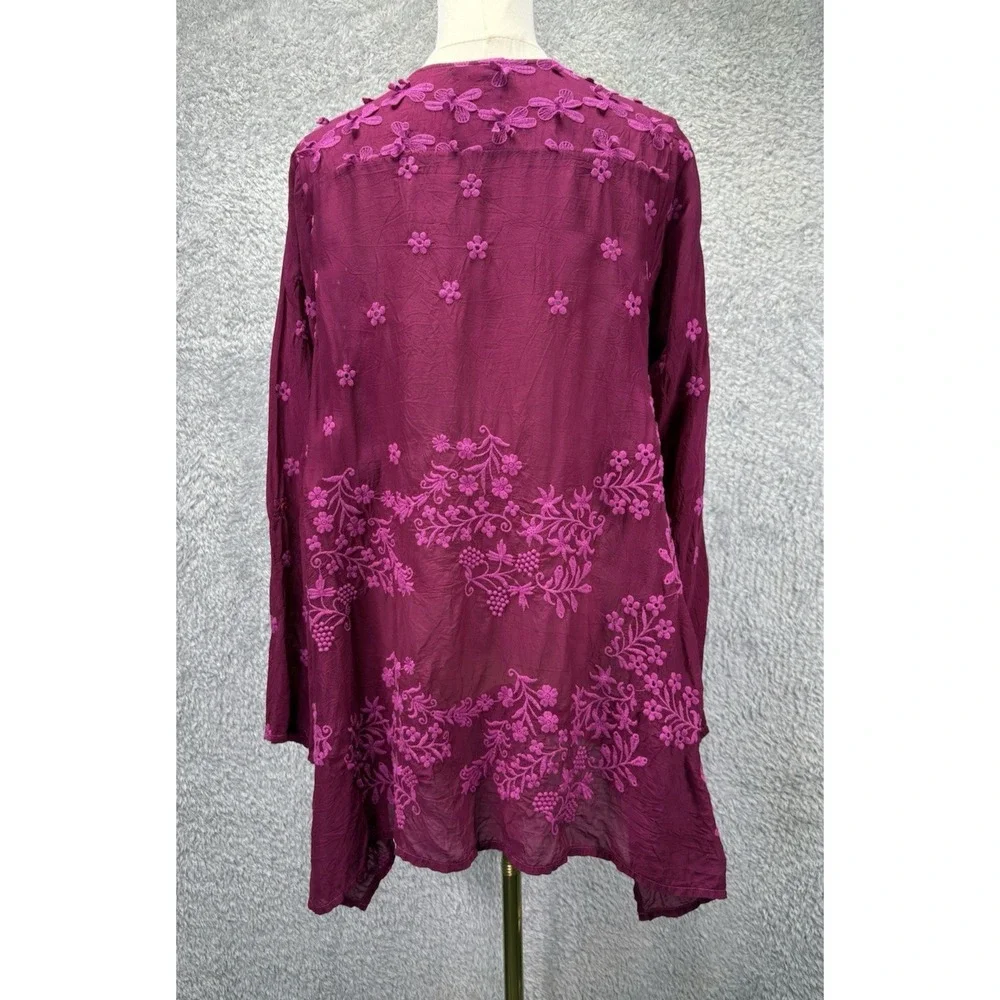 Johnny Was Womens XS Rayon Georgette Blouse Floral Embroidered Eyelet Boho